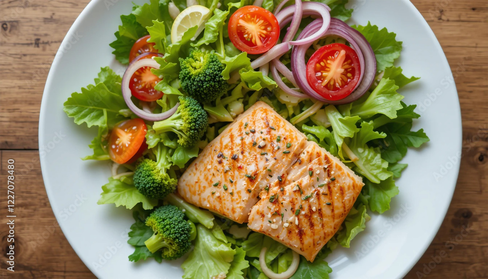 salmon steak with salad, Two salmon fillets baked until crispy with parsley herbs, as a side salad marinated with tomatoes.
salmon steak with salad, Two salmon fillets baked until crispy with parsley herbs, as a side salad marinated with tomatoes.