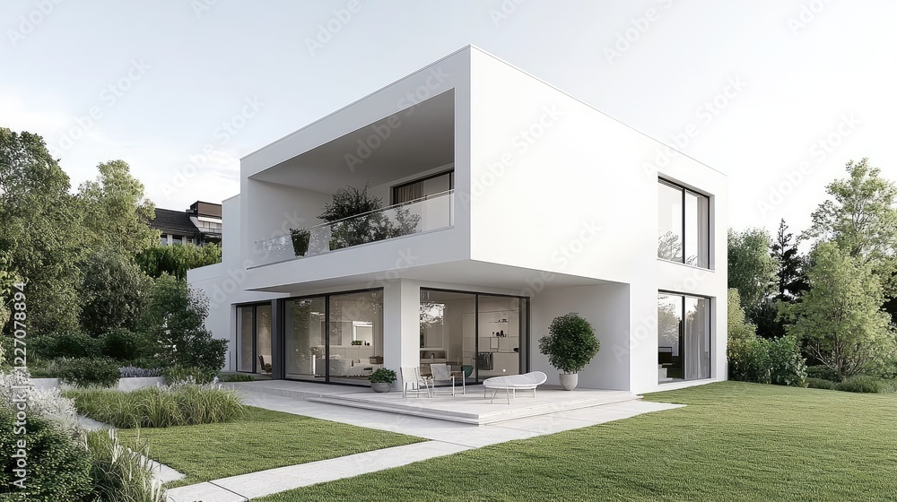 Modern white house, suburban garden, tranquil setting, architectural design, real estate