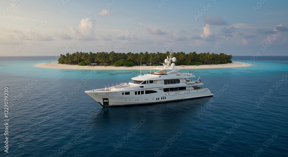 Luxury Yacht in Tropical Paradise Island Setting Luxury Yacht in Tropical Paradise Island Setting