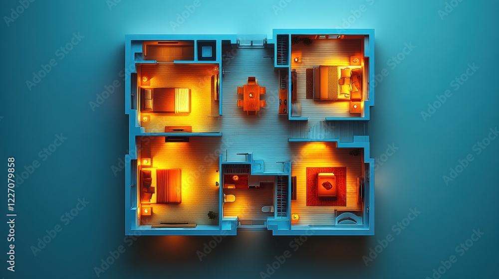 Aerial View of Modern Apartment Layout with Cozy Lighting Concept Aerial View of Modern Apartment Layout with Cozy Lighting Concept
