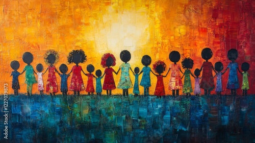 Colorful abstract painting of diverse families holding hands against vibrant background symbolizing unity and community