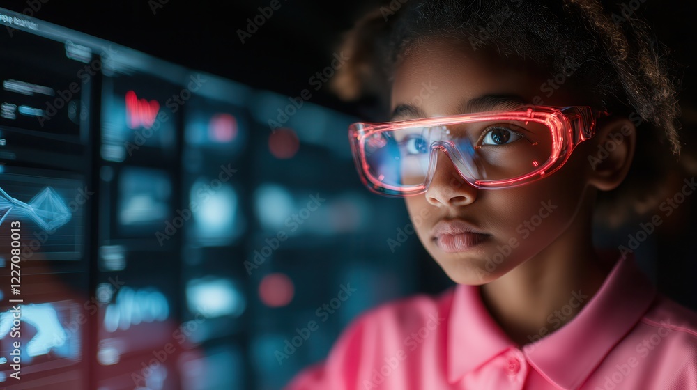 Virtual classrooms offer diverse learning resources.. Young girl wearing glowing glasses, focused on digital screens. Virtual classrooms offer diverse learning resources.. Young girl wearing glowing glasses, focused on digital screens.
