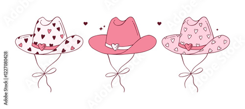 Cowgirl coquette pink hat set. Vector hand-drawn wild west headwear in trendy style. Coquette aesthetic clipart