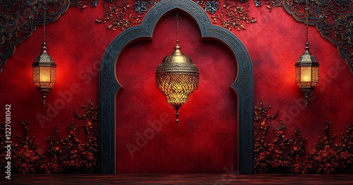 Ornate Arabic archway with red backdrop and three hanging lanterns

