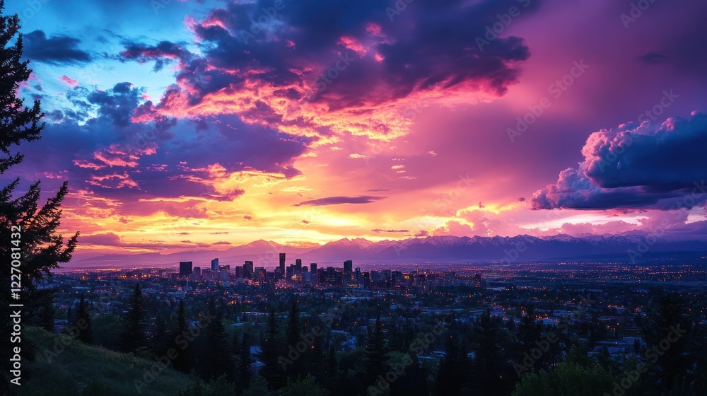 Obraz premium Vibrant Sunset Over City Skyline And Mountains