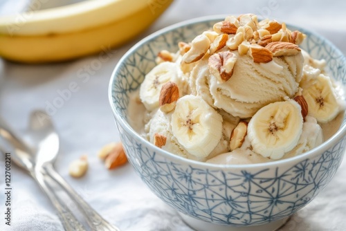 Banana ice cream nice cream in a bowl, topped with nuts, healthy and refreshing