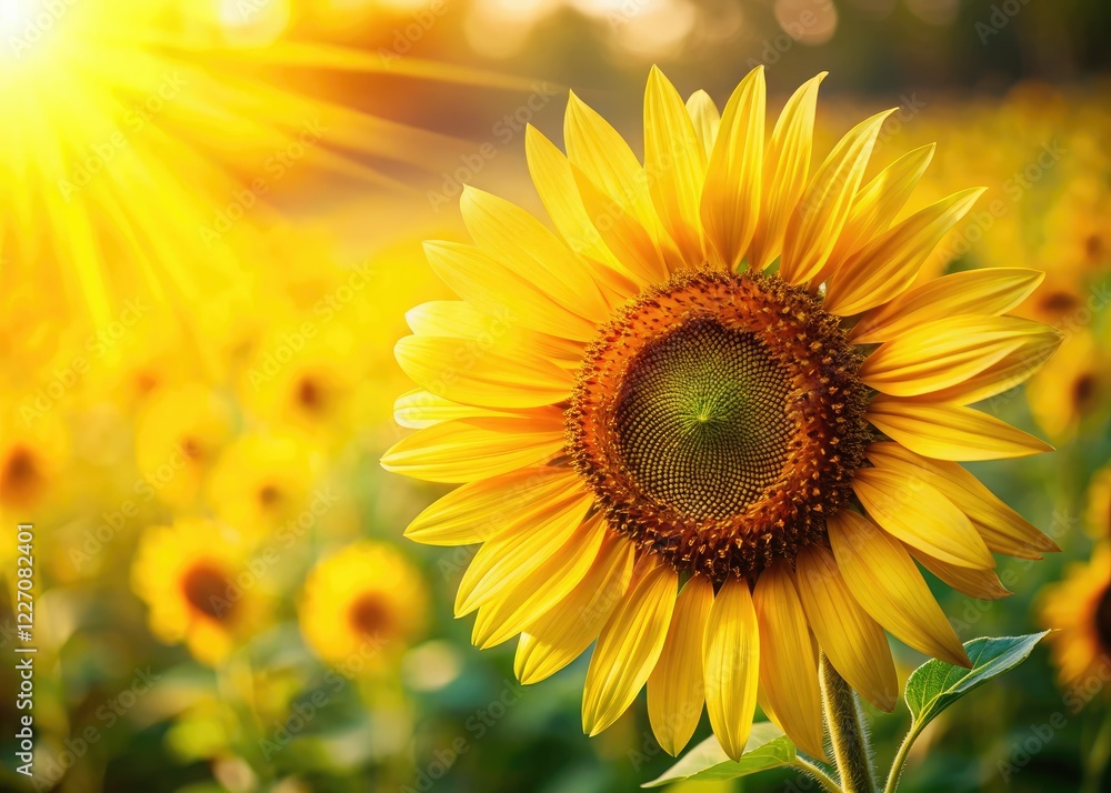 Obraz premium A vibrant yellow sunflower basks in the summer sun, a close-up showcasing its golden beauty in a bright field.