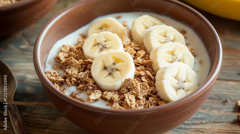Bowl of granola, yogurt, and banana slices, highfiber breakfast, warm lighting Bowl of granola, yogurt, and banana slices, highfiber breakfast, warm lighting