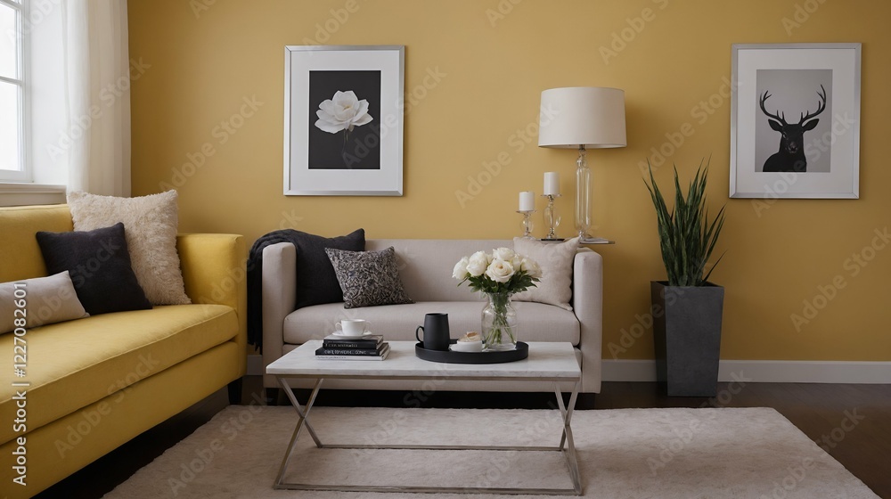 Naklejka premium A modern stylish living room with a off-white colour fabric sofa set and photo frames displayed on the wall 3d illustration