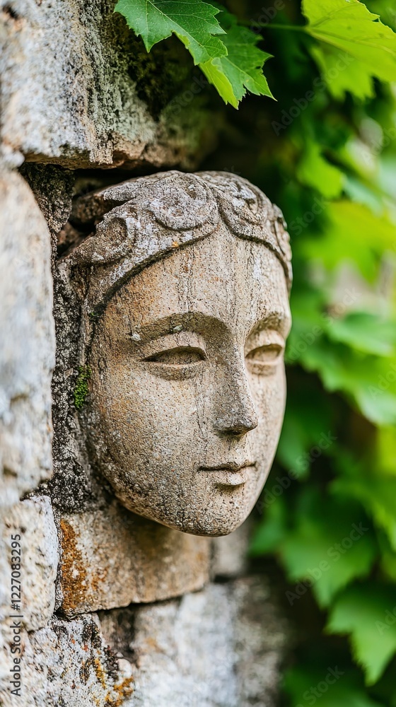 Weathered Stone Carving of a Woman's Face Amidst Lush Greenery Weathered Stone Carving of a Woman's Face Amidst Lush Greenery