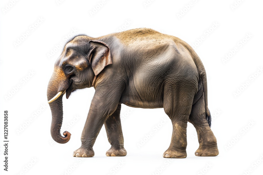 Naklejka premium A lone Asian elephant walks against a white background.