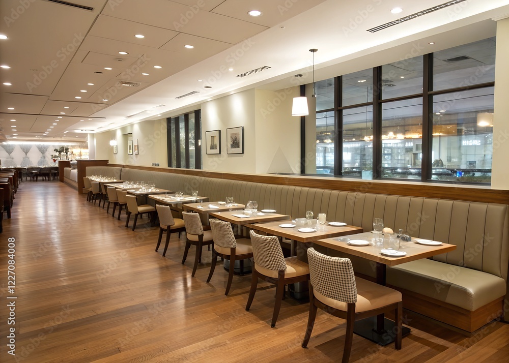Empty restaurant interior with long bench, tables, and chairs, for dining concept Empty restaurant interior with long bench, tables, and chairs, for dining concept