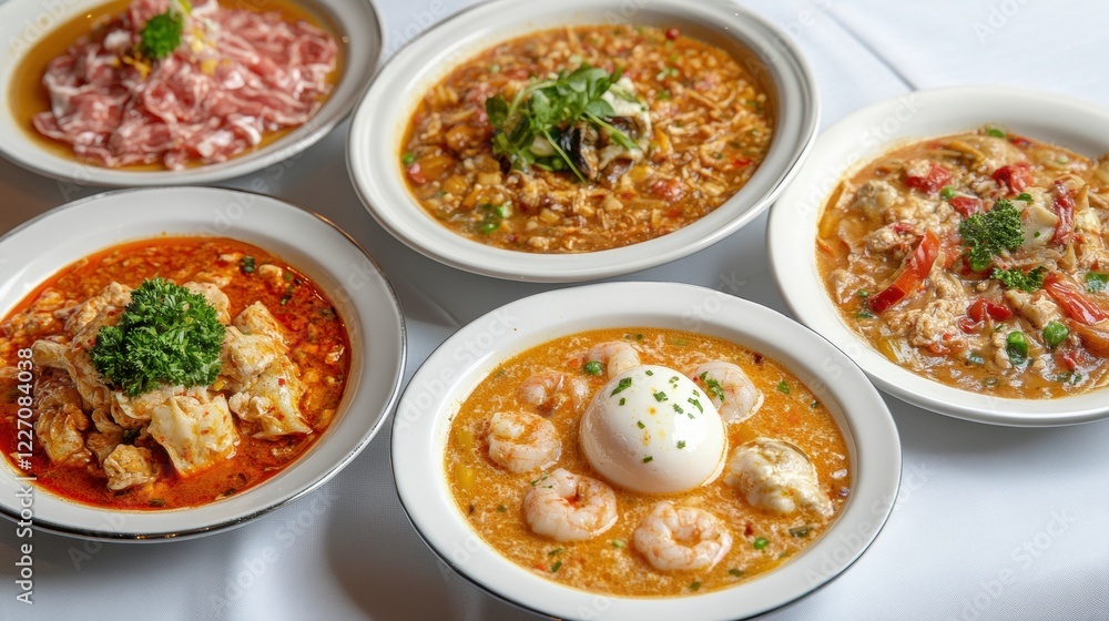 Delicious and Colorful Asian Dishes in Bowls on White Surface Delicious and Colorful Asian Dishes in Bowls on White Surface