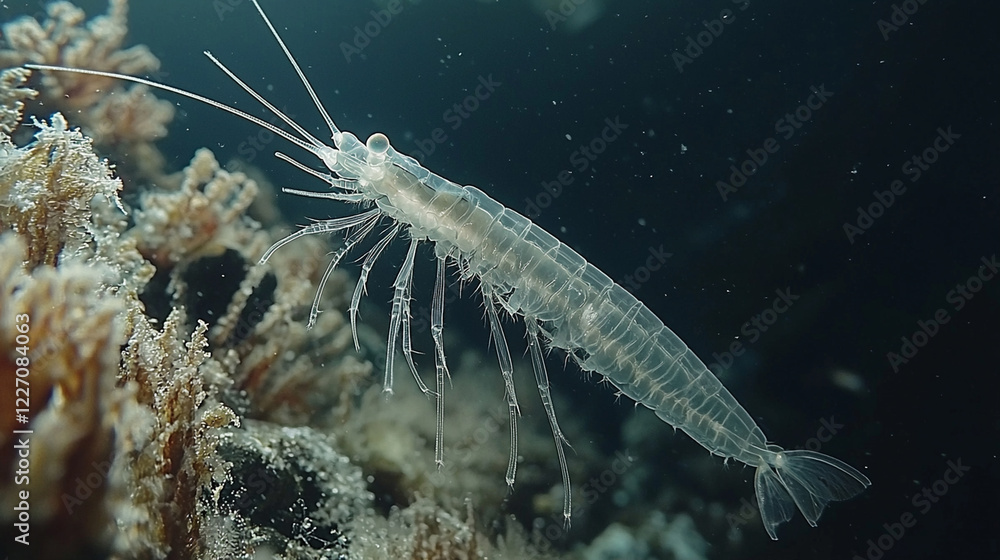 Transparent shrimp swimming near coral reef at night; underwater photography for marine biology Transparent shrimp swimming near coral reef at night; underwater photography for marine biology