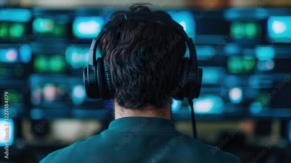 Virtual classrooms offer diverse learning resources.. Person wearing headphones in front of multiple screens displaying data. Virtual classrooms offer diverse learning resources.. Person wearing headphones in front of multiple screens displaying data.