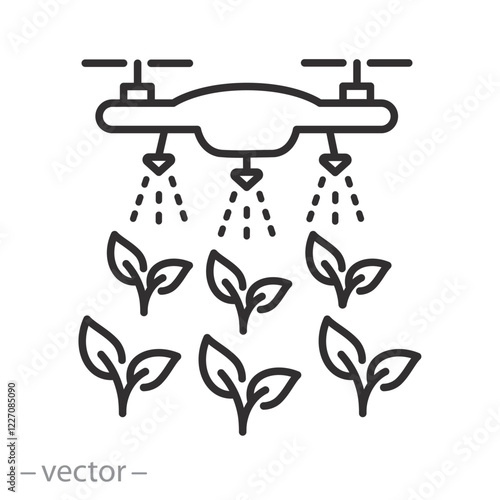 drone spraying plants icon, pesticides spray or moistening seedling, thin line symbol on white background - editable stroke vector illustration