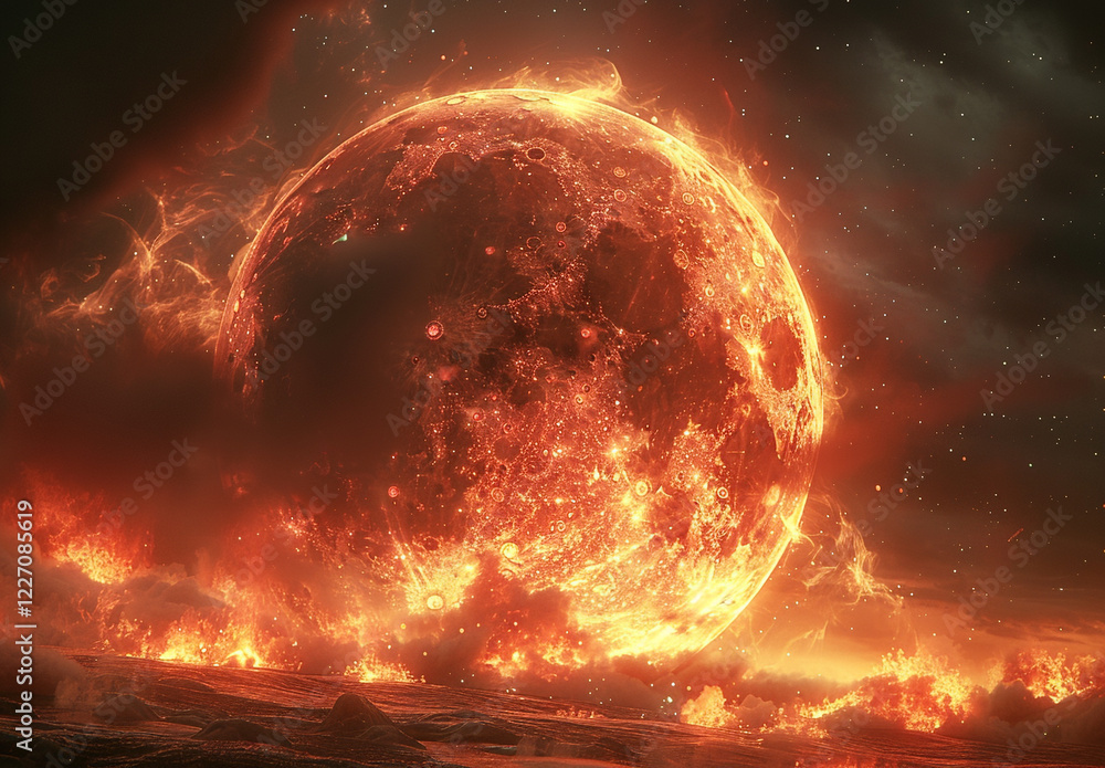 Obraz premium Fiery Moon: A blazing, apocalyptic celestial scene.