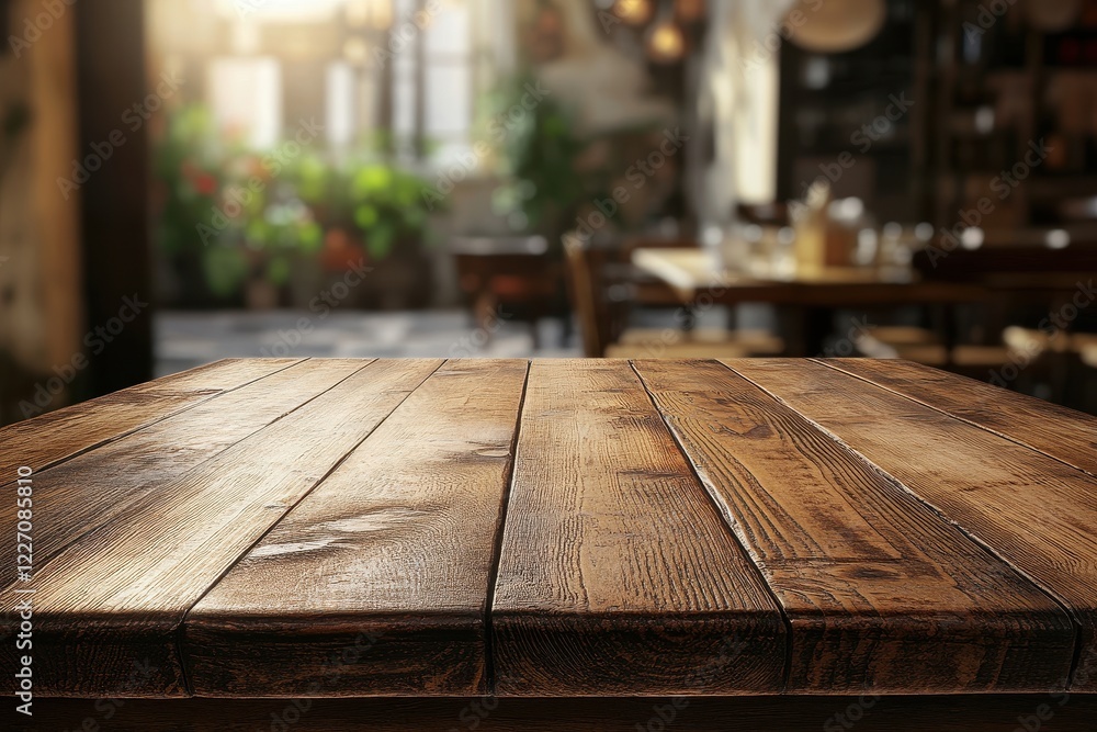 Rustic Wooden Tabletop in Cozy Cafe Setting with Warm Ambient Lighting and Blurred Background for Product Display or Food Photography Rustic Wooden Tabletop in Cozy Cafe Setting with Warm Ambient Lighting and Blurred Background for Product Display or Food Photography