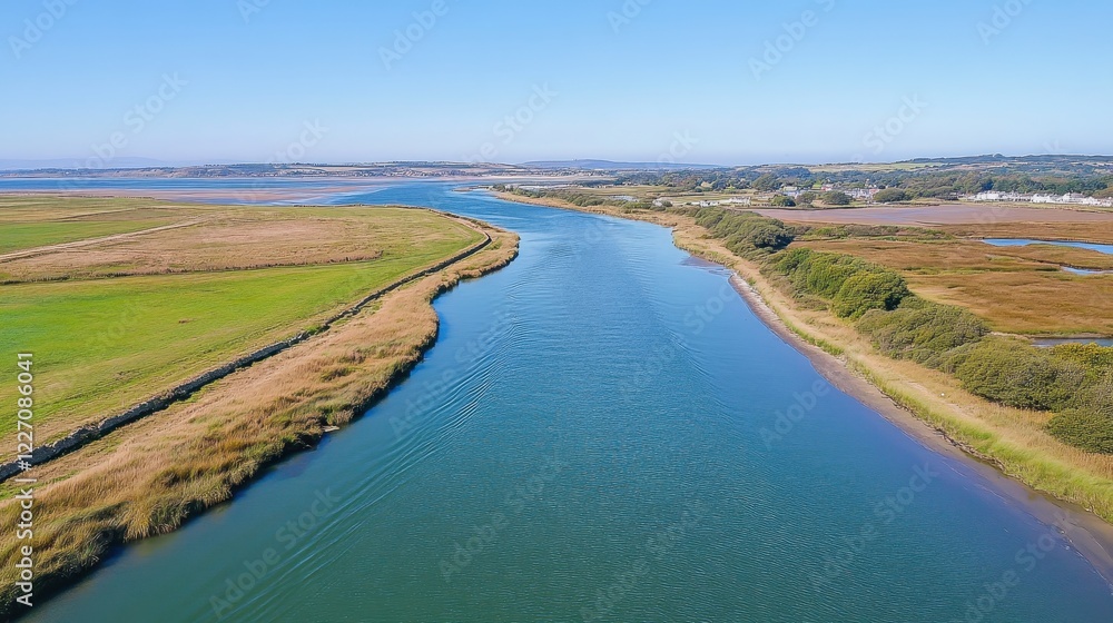 Serene River Landscape Under Clear Blue Sky Serene River Landscape Under Clear Blue Sky