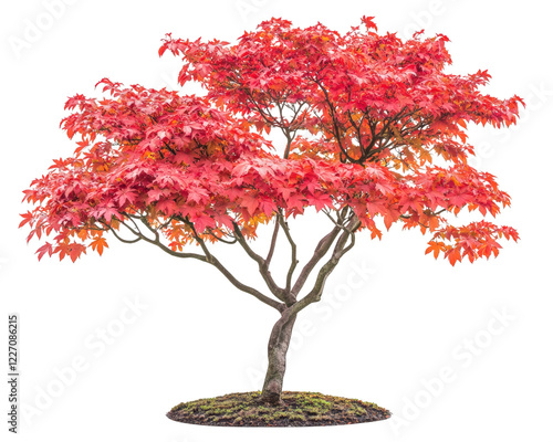 Japanese maple tree with fiery red leaves showcases stunning autumn colors, creating vibrant and picturesque scene. Its elegant branches and lush foliage evoke sense of tranquility and beauty