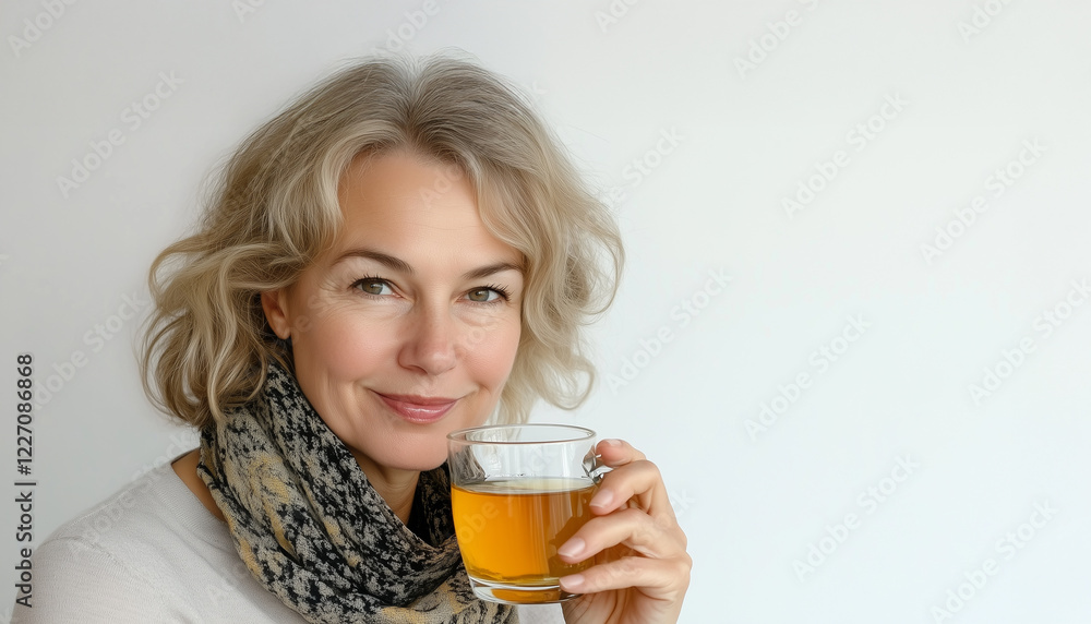 Frau mittleren Alters hält Teetasse in der Hand. Erkältung Grippe Vorsorge Frau mittleren Alters hält Teetasse in der Hand. Erkältung Grippe Vorsorge