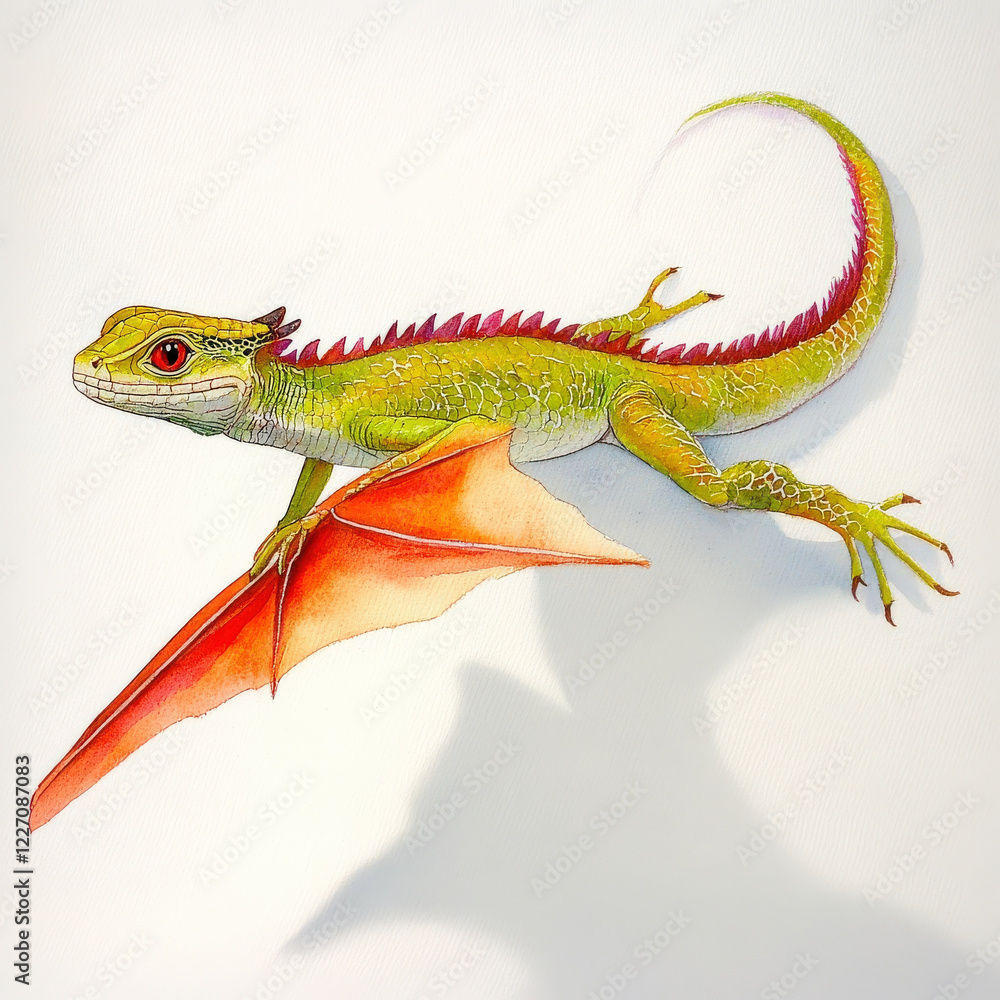 Fototapeta premium Winged_lizard,_vibrant_green_scales,_orange_wing,_red_accents.