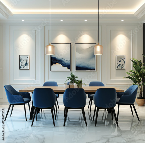  6 seater rectangular tabletop and blue chairs. The wall is painted in a pale white color, adorned with framed artwork on each side, White marble floor. 