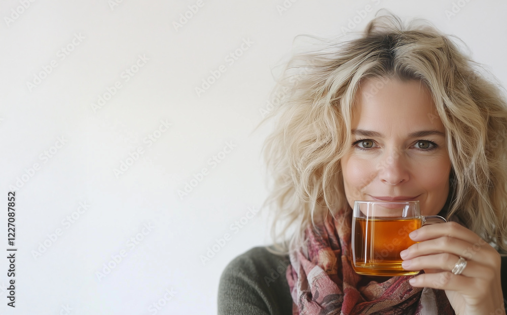 Frau mittleren Alters hält Teetasse in der Hand. Erkältung Grippe Vorsorge Frau mittleren Alters hält Teetasse in der Hand. Erkältung Grippe Vorsorge