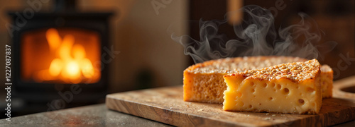 Smoky Oscypek cheese on cutting board in cozy kitchen, warm comfort photo