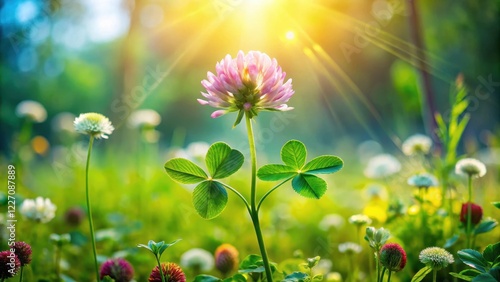 delicate four-leaf clover growing amidst lush greenery and vibrant wildflowers in a whimsical garden setting