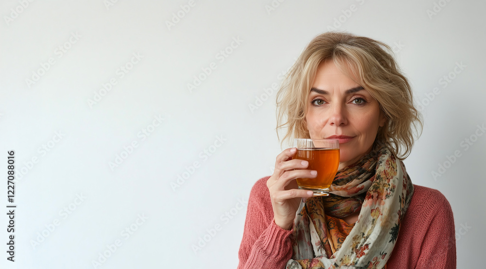 Frau mittleren Alters hält Teetasse in der Hand. Erkältung Grippe Vorsorge Frau mittleren Alters hält Teetasse in der Hand. Erkältung Grippe Vorsorge