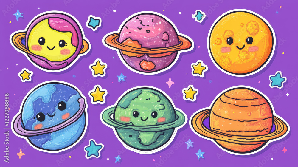 Cartoon alien space planets stickers. Vector patches set of vibrant fantasy galaxy planets against a starry purple sky background. Colorful cosmic world spheres, celestial bodies with rings, craters Cartoon alien space planets stickers. Vector patches set of vibrant fantasy galaxy planets against a starry purple sky background. Colorful cosmic world spheres, celestial bodies with rings, craters