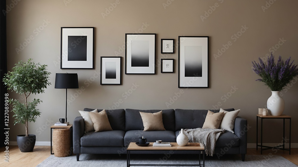 Fototapeta premium A modern stylish living room with a grey color fabric designer sofa set and photo frames displayed on the wall 3d illustration.
