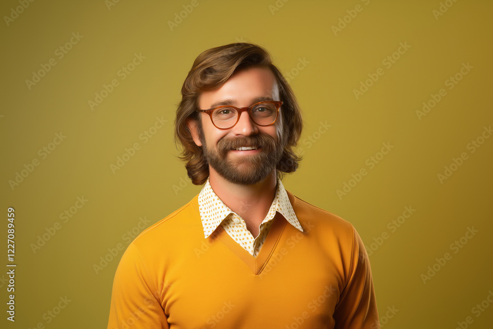 Fototapeta premium Smiling Man with Glasses and Retro Style Outfit Against Minimalist Yellow Background for Portrait Photography 