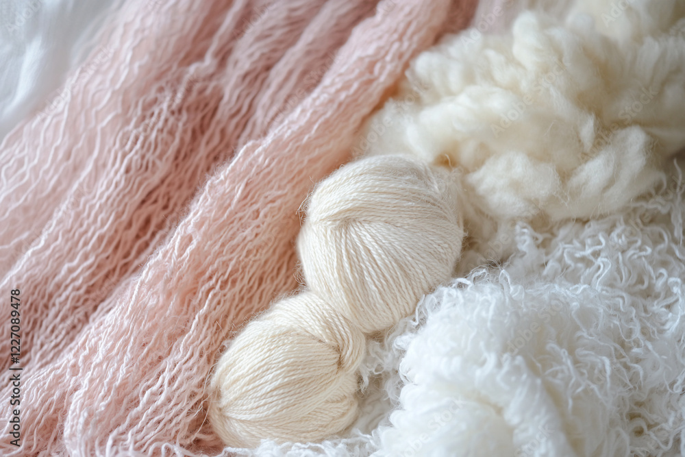 Soft textures of various yarns and fibers in pastel colors, showcasing a cozy crafting atmosphere Soft textures of various yarns and fibers in pastel colors, showcasing a cozy crafting atmosphere