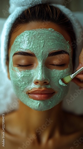 A woman enjoys a relaxing spa treatment as a facial mask is applied with a brush. Her skin glows under skincare therapy, promoting hydration, rejuvenation, and wellness