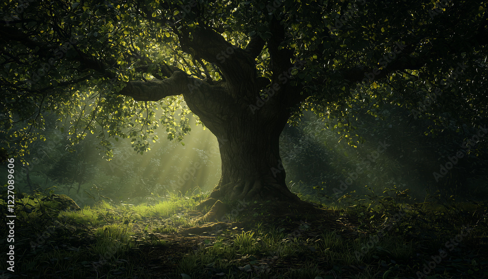 Obraz premium Majestic Tree Illuminated by Sunlight in a Serene Forest Setting with Lush Greenery and Tranquil Atmosphere 