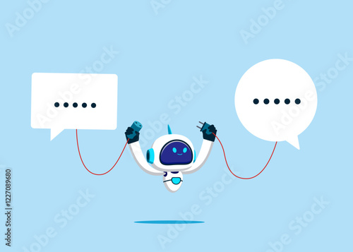 Robot connect socket between texting message. Discussion, conversation, meeting, team communication, colleague chatting, opinion. Vector illustration.
