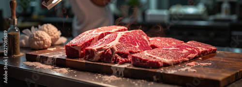 Close-up of raw matambre meat on butcher's block, culinary preparation
 photo