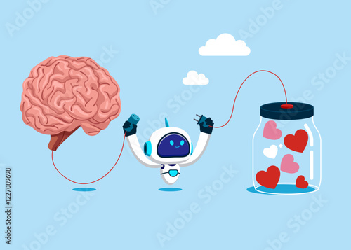 Robot connecting brain and heart interactions. Self control or balance between mind and feelings. Flat vector illustration
