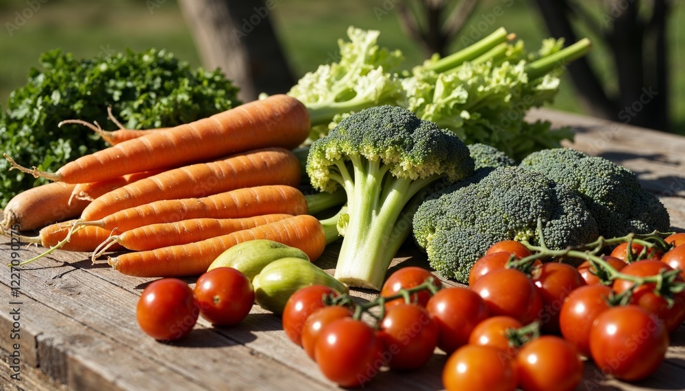 Vibrant Orange Carrots, Broccoli, and Red Tomatoes on Rustic Wooden Table Outdoors Vibrant Orange Carrots, Broccoli, and Red Tomatoes on Rustic Wooden Table Outdoors