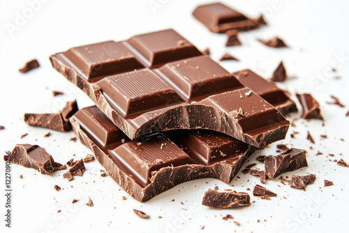 Milk chocolate bar broken into uneven pieces with visible crumbs on a clean white background