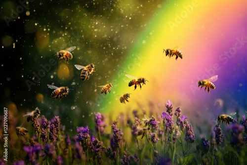 Wallpaper Mural Experience the serene beauty of bees dancing around a vibrant rainbow over blooming lavender fields at sunset. Generative AI Torontodigital.ca