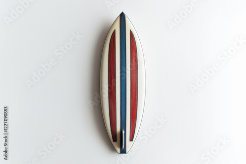 Mini Malibu surfboard featuring glossy white finish and bold red and blue stripes set against a clean white background photo