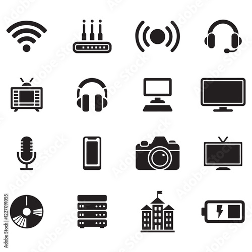 Collection of Flat Icons Representing Modern Communication and Technology Devices