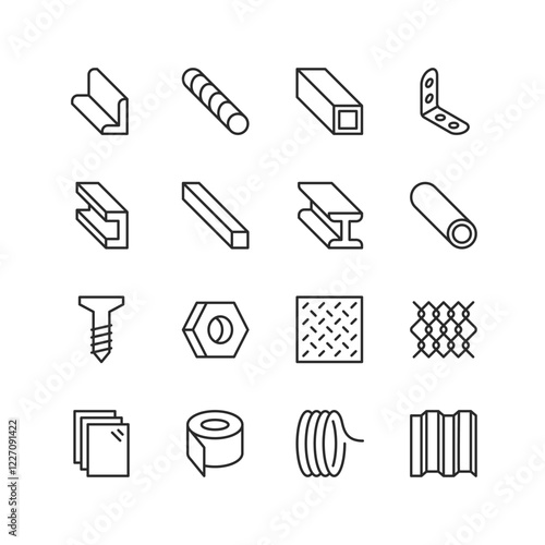 Metal and Stainless Steel Products, linear style icon set. Icons representing metal profiles, screws, bolts, mesh, and other building materials. Beams, pipes, and sheets. Editable stroke width