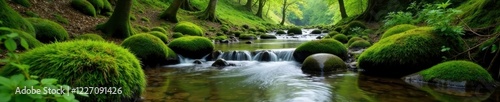 slow-moving stream with mossy banks and forest surroundings, moss, serene