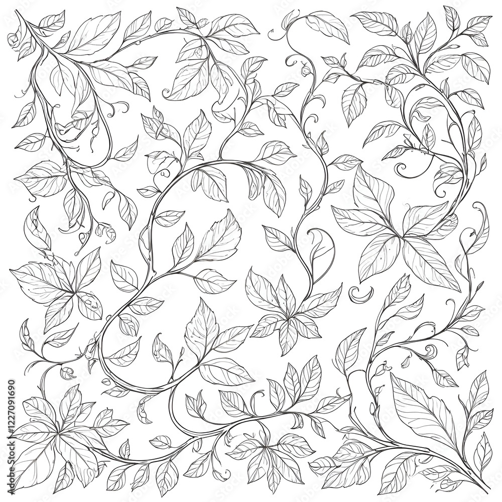 Fototapeta premium Intricate hand-drawn floral pattern with leaves and vines on white background