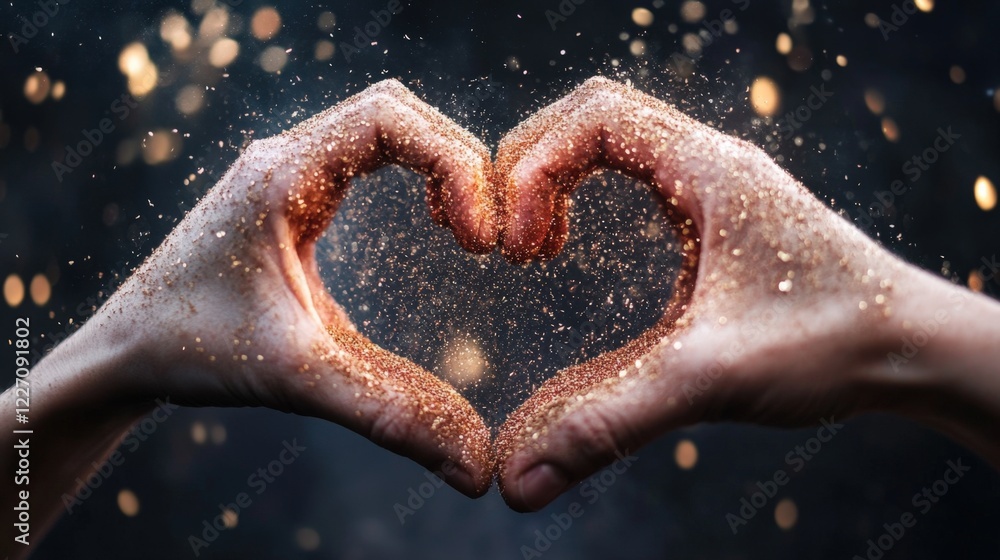 Fototapeta premium Hands Forming Heart Shape with Sparkling Glitter in Dark Background