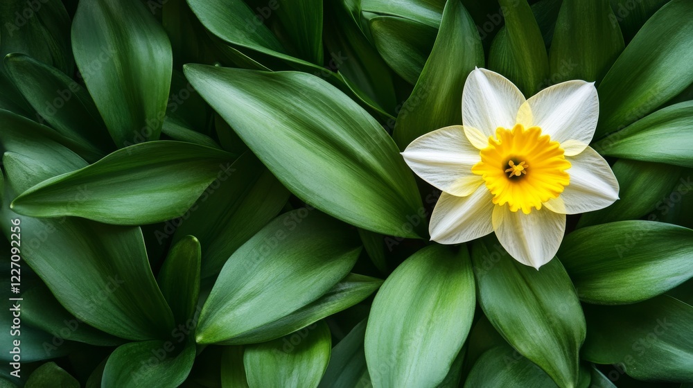Single yellow daffodil surrounded by soft green leaves, symbolizing St. David's Day, with empty space for text on the right Single yellow daffodil surrounded by soft green leaves, symbolizing St. David's Day, with empty space for text on the right